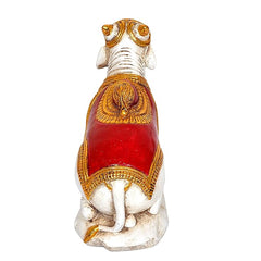 Back view Nandi polyresin statue, red outfit with gold trim, 7.5 in