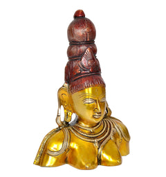 Parvati bust statue in brass, three-quarter view, gold face and dark brown crown