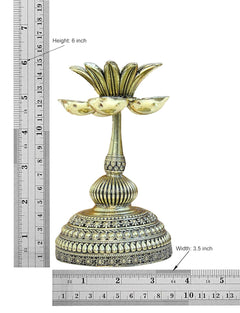Brass lotus oil lamp diya; height 6 in, width 3.5 in, with size ruler