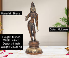 Brass Devi Uma Parvati statue, standing full-body view with detailed arms and jewelry