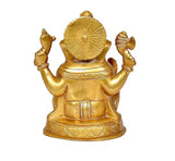 Brass Ganesha idol statue, rear view with crown and halo, four arms on round base