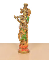 Krishna figure idol in multicolor Meenakari on brass, flute raised, full view
