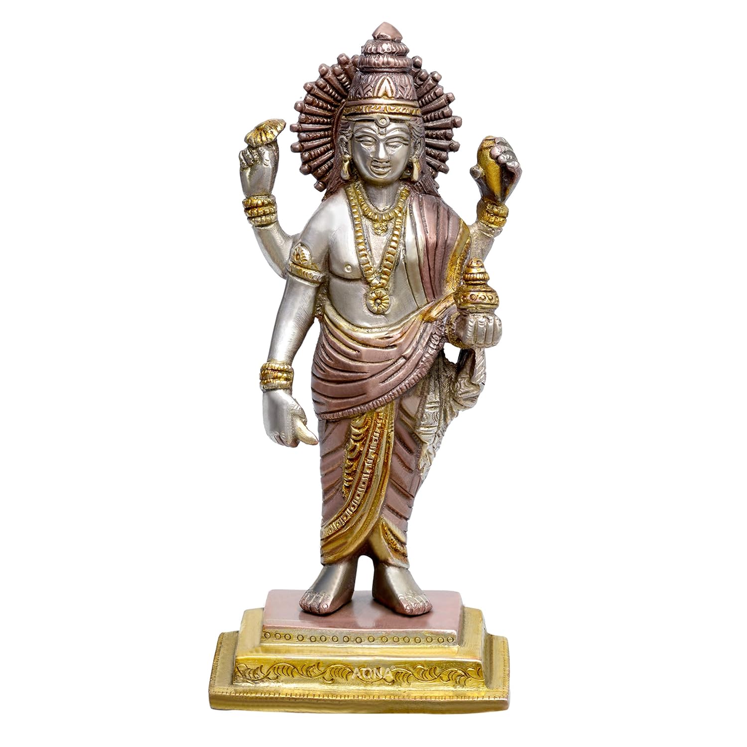 Dhanvantari The Physician of The Gods Holding The Vase of Immortality and Herbs Brass Statue Height 8 Inches