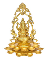 Brass Ganesha diya lamp idol with 20 diya holders, centered frontal view