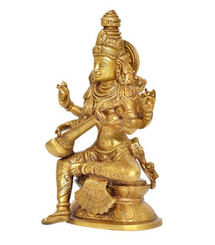 Brass Saraswati statue side view, seated posture with veena and decorative ornaments