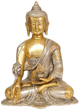 Gold-toned Buddha idol statue, seated meditation, ornate headpiece and hand posture