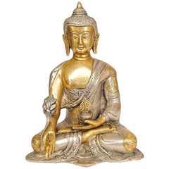 Brass Lord Buddha statue, seated pose, 8 in height, gold-toned robe details