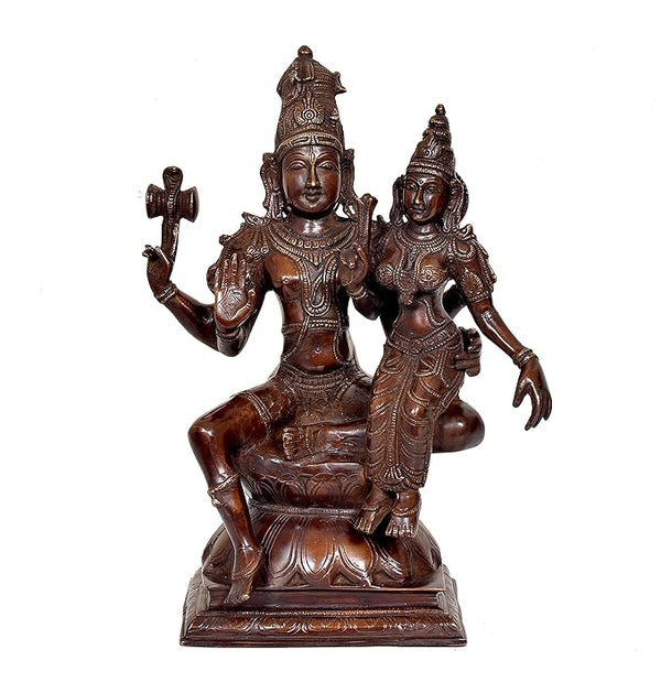 Lord Shiva and Parvati Sitting on Lotus Asan Golden in Brass Statue for Puja (Height: 15.2 Inches)