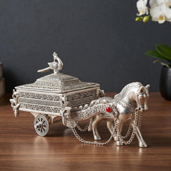 Silver horse cart storage box with raised lid and bird detail, front horse with red eye