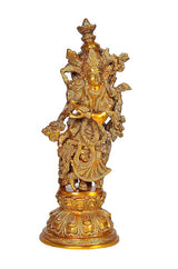 Gold-tone brass Radha Rani idol sculpture, front-facing crowned figure on round base.