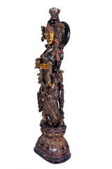 Brass Radha Krishna sculpture, height 29 in; side view standing figure on ornate base