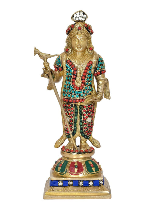 Brass Standing Lord Palani Raja Alangaram Murugan Kartikeya Murti for Home Decor Pooja Mandir Decorative Showpiece Brass Murti (Height 12 Inch) (Multicolor)