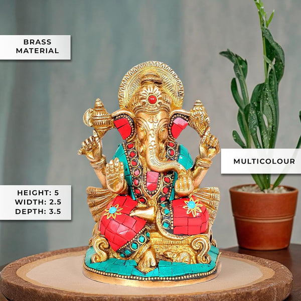 Brass Raja Ganesha Statue with stone work (Height 5.5 inches) Entryway Setting