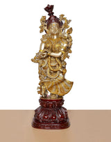 Brass Radha Rani idol facing forward, crown and halo details, dark red pedestal