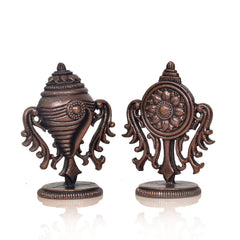 Copper Sanghu and Chakram deity figurines, side-by-side view showing circular ornament details