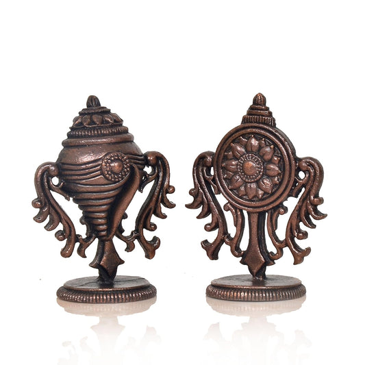 Copper god Sanghu and Chakram for Home Temple and Spiritual Decor (Height 2 Inch)