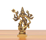 Brass Mahishasura-Mardini Durga idol with trident raised, detailed multiple arms, 5 in