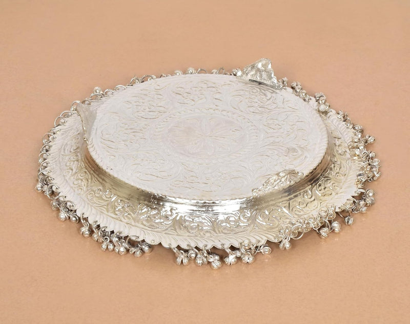 Brass Silver Pooja/Aarti Thali with Ghungroo (Height: 11 Inches)