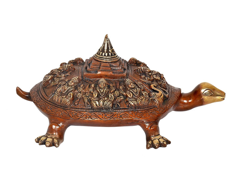 Brass Ashtalakshmi Shree Yantra on Tortoise Figurine Kachua Unique Home Decor Vastu Accent (Height: 6.5 inch)