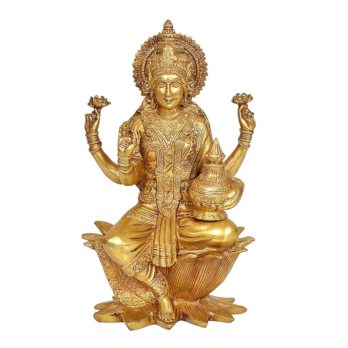 Brasss Lakshmi Statue Idol On Lotus for Temple Diwali | Height : 11.5 Inches