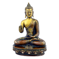 Messing-Buddha-Statue in sitzender Meditationspose, erhobene Hand