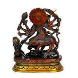 Mahishasura Mardini brass temple decor rear view with trident and lion mount