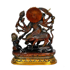 Mahishasura Mardini brass temple decor rear view with trident and lion mount