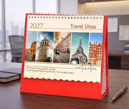 Table Top Travel Vista Desk Standing Calendar For Home and Office Table Calendar 2027 (Height:8.5 Inches)