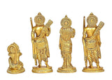 Brass Ram Darbar statue backs and profiles, four figures with circular head ornaments