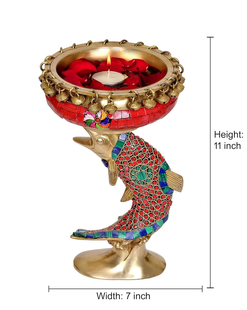 Brass Urli Bowl On The Fish Ethnic Design Urli Pot for Home Decor Floating Flowers Candle Lamps Temple Room Traditional Diwali Decoration Gift (Height: 11 Inch)