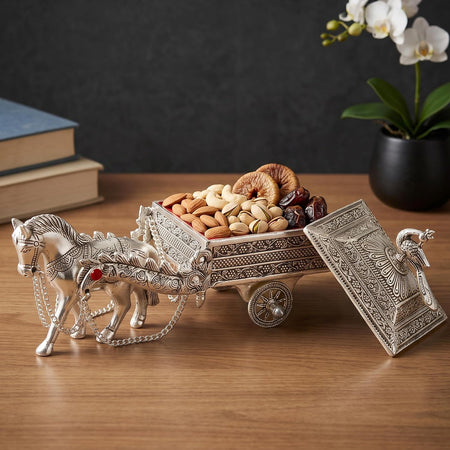 Metal Silver Horse Statue Decorative Storage Box, for Home Decor Living Room Table Top Diwali Decoration & Diwali Gifts (Height: 7 Inches)