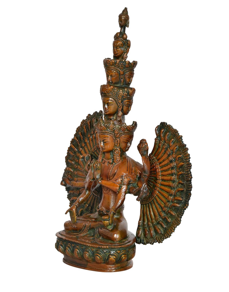 Brass Buddhist Idol Eleven-Headed or Thousand-Armed Avalokiteshvara for Home Decor and Office (Height: 12 Inch)