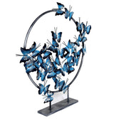 Blue iron butterfly tabletop stand with circular hoop and vertical support base
