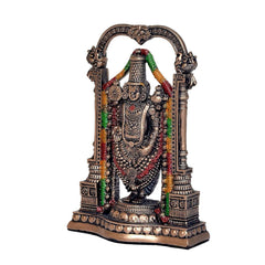 Tirupati Balaji sculpture, arched canopy with multicolor garland strands on textured base