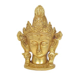 Brass Tara Devi head statue, symmetrical crown details, serene face, closed eyes