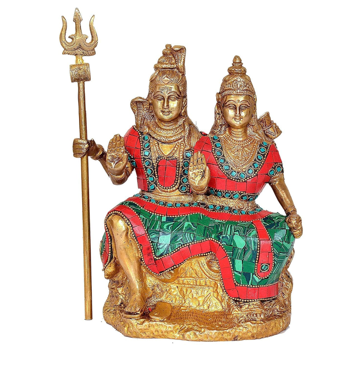 Brass Shiv Parvati idol with trident, red and green beaded garments