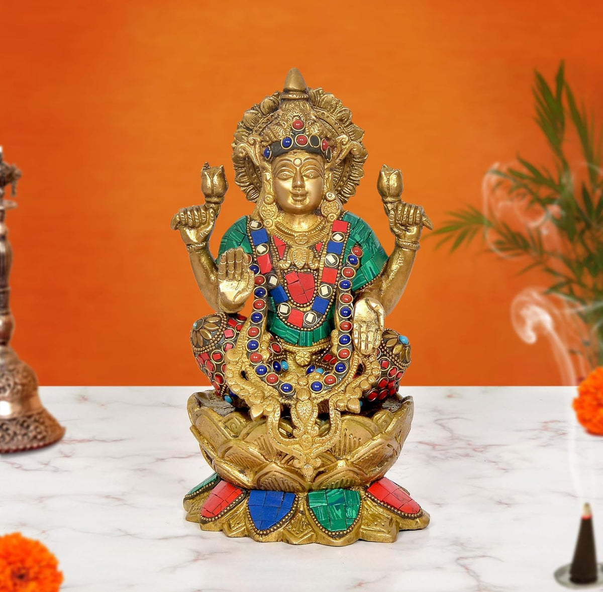 Brass Lakshmi idol seated on lotus, multicolored jewels, 9 inch height