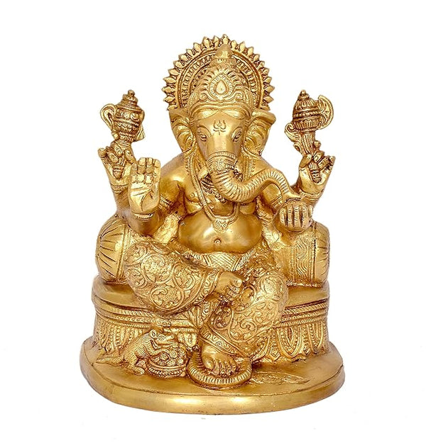 Brass Ganesha Statue Idol On Base Giving Blessings for Home Decor Temple | Height : 8 inches Entryway Setting