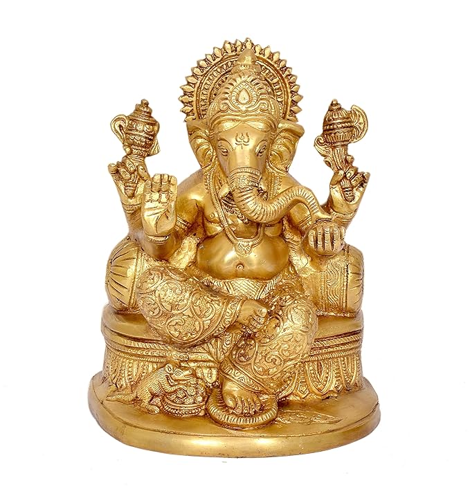 Brass Ganesha Statue Idol On Base Giving Blessings for Home Decor Temple | Height : 8 inches Craft Detail