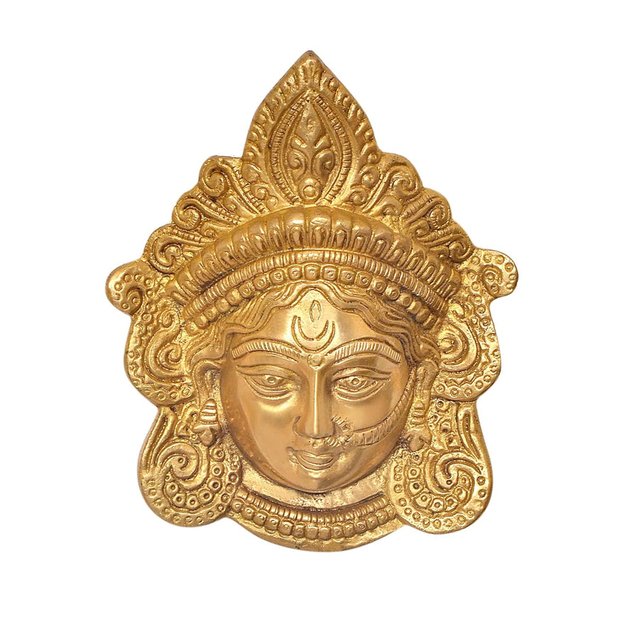 Brass Maa Durga Face Mask Idol Wall Hanging Good Luck for Temple Home Door Mandir and Office Dust Brown (Height 6 Inch) Craft Detail
