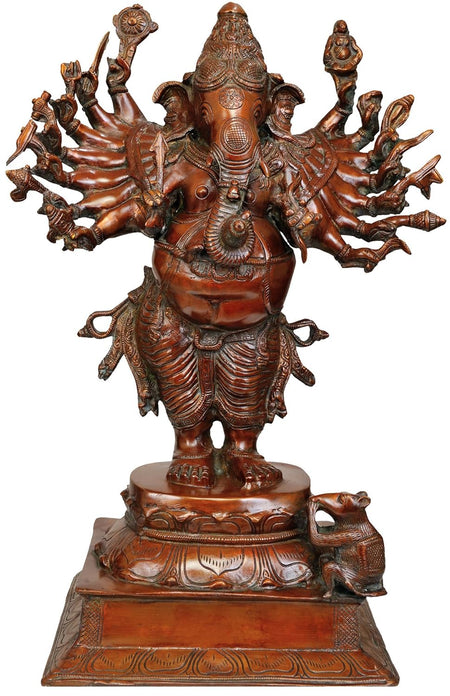 Brass Shodashbhuja Ganesha Statue (Sixteen-Armed Form) (Height:23.5 Inches)