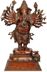 Brass Ganesha statue with sixteen arms, seated on ornate base, front view