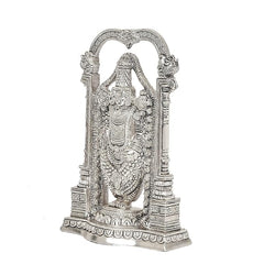 Silver Tirupati Balaji idol from side view, carved arch columns and base, 8 inch