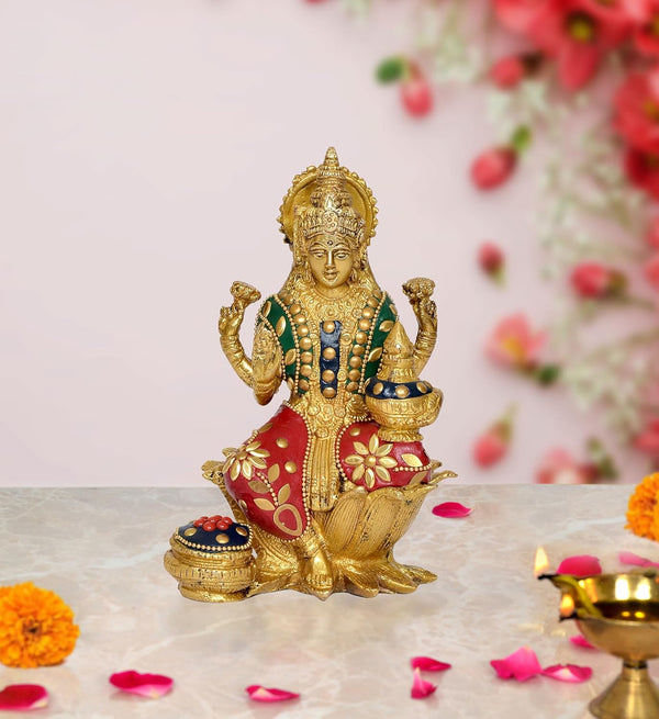 Brass Lakshmi Statue - Handcrafted Goddess Lakshmi Idol for Home Decor and Pooja - Hindu Goddess of Wealth Figurine Multicolor (Height: 7 Inch) (Multicolor )