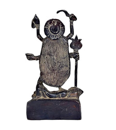 Back view of brass Maa Kali idol statue with crown and flowing draped design