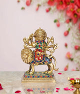 Brass Durga Maa statue on lion idol, blue-red decorative dress, seated on pedestal