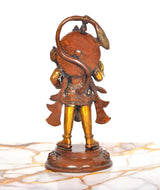 Brass Hanuman Ji statue back view, large curved arch and golden feet