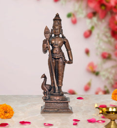 Copper Kartikeya Murugan standing statue with spear and shield, 6 inch