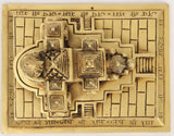 Brass mandir base plate with detailed geometric patterns and Hindi inscriptions