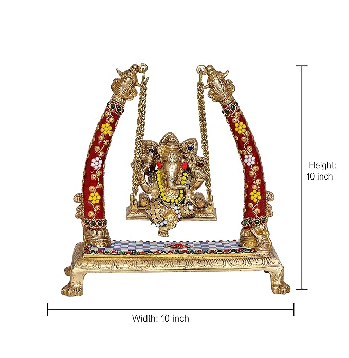 Brass Ganesha Playing On Swing Ganesha Jhula Decorative Showpiece Multicolour (Height 10 Inch)